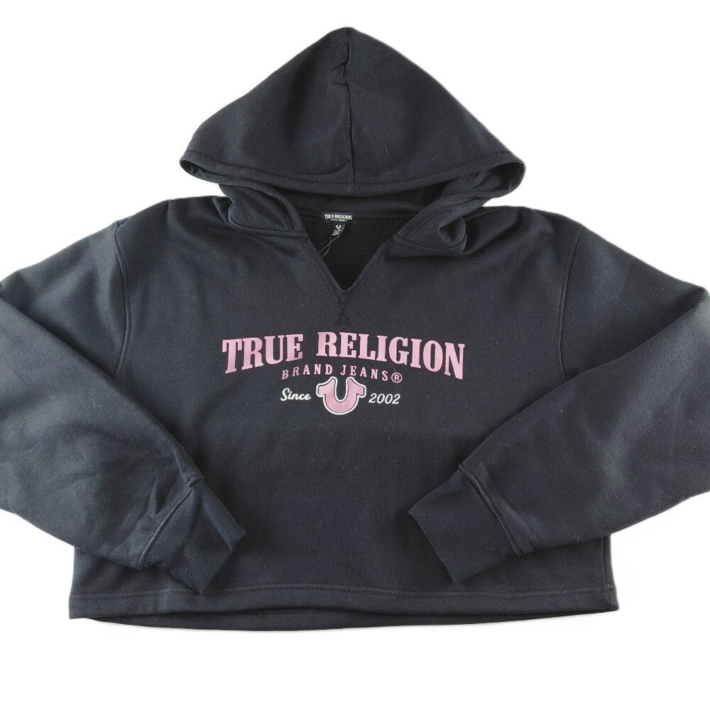 True Religion Cropped Hoodie Sweatshirt Women's XL Black with Pink Foil Logo